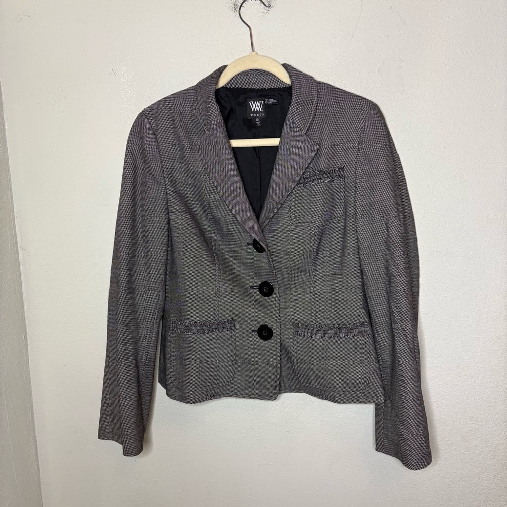 Worth Black and White Tailored Women's Wool Blazer with Decorative Trim Size 10